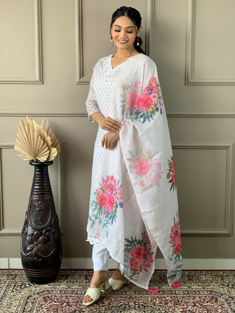 Partywear Designer Linen Cotton with cotton lining Offwhite Stitched Suit With Dupatta - Tanisha