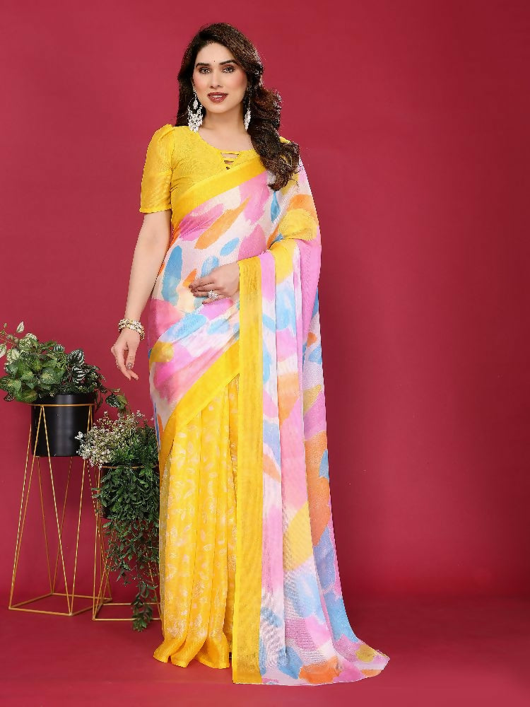 PR Fashion Yellow Moss Chiffon Printed Saree