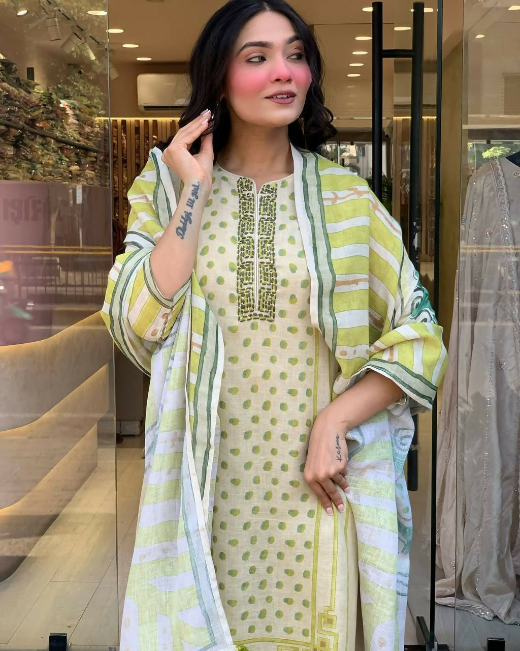 The52 Multi Women's Gorgeous Linen Silk Fabric Embroidered Work Straight Kurta Pant and Dupatta Set