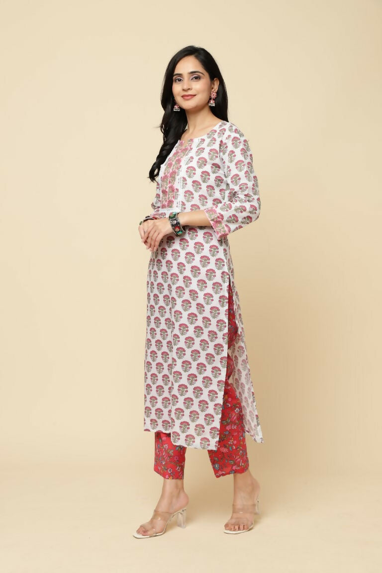 Designer Stylish Red Cotton Blend Stitched Suit With Dupatta - Tanisha