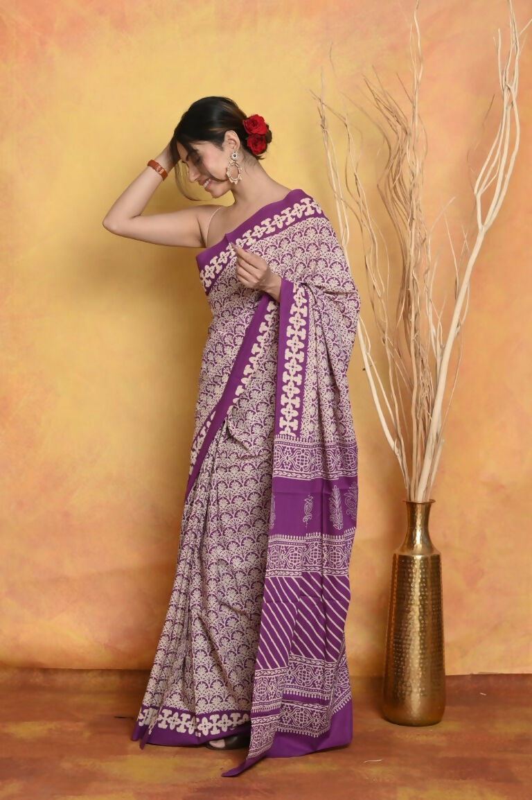 Very Much Indian Handblock Printed Cotton Saree With Natural Dyes - White