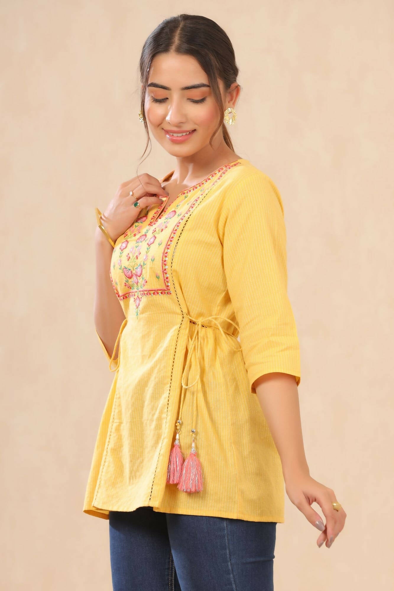 Juniper Women Yellow Cotton Dobby Embroidered A-Line Tunic