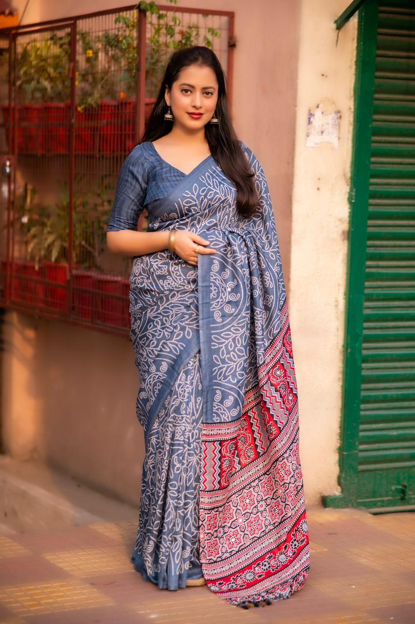 Grey Silk Blend Ajrak Saree with Unstitched Blouse - Hiral Fashion