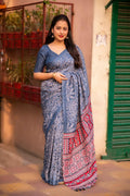 Grey Silk Blend Ajrak Saree with Unstitched Blouse - A2M
