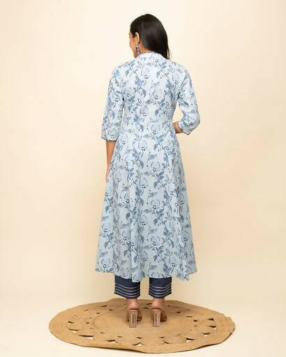 FIORRA Women's Light Blue Cotton Flared Kurta Pant with Dupatta
