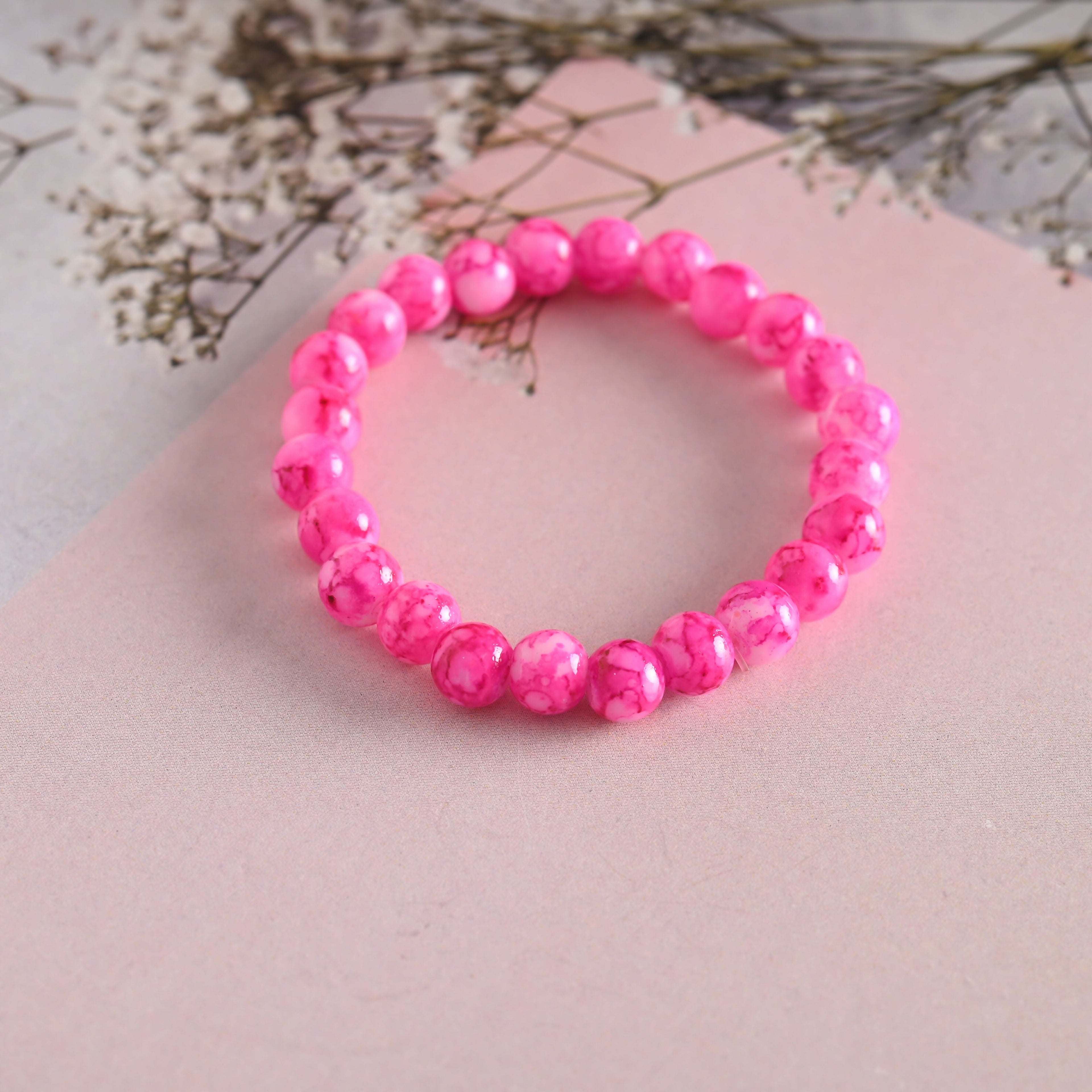 NVR Men & Women Pink Marble Crystal Beaded Elasticated Bracelet