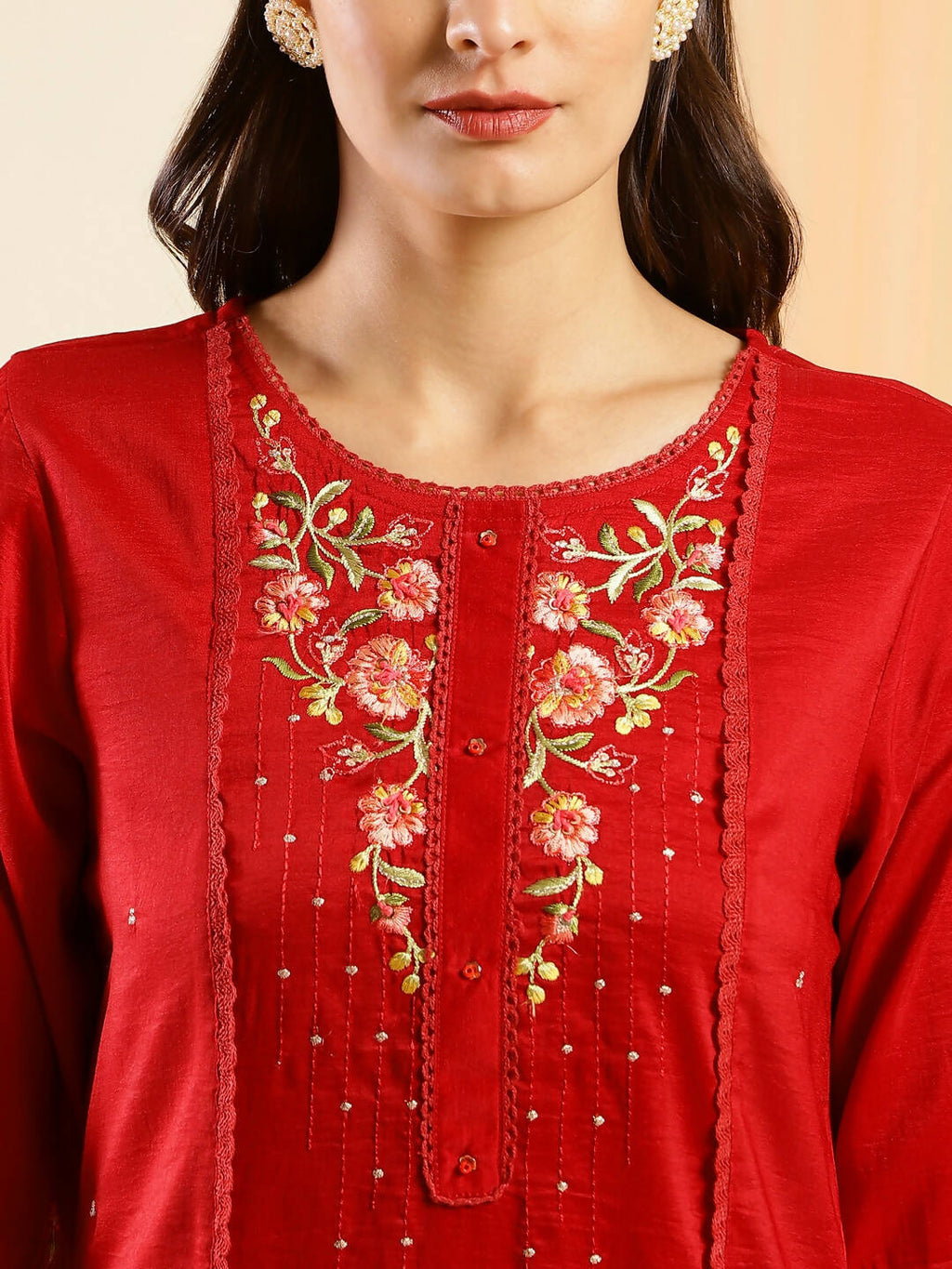 Red Chinon Embroidered Straight Kurta with Trouser & Dupatta - Salimar
