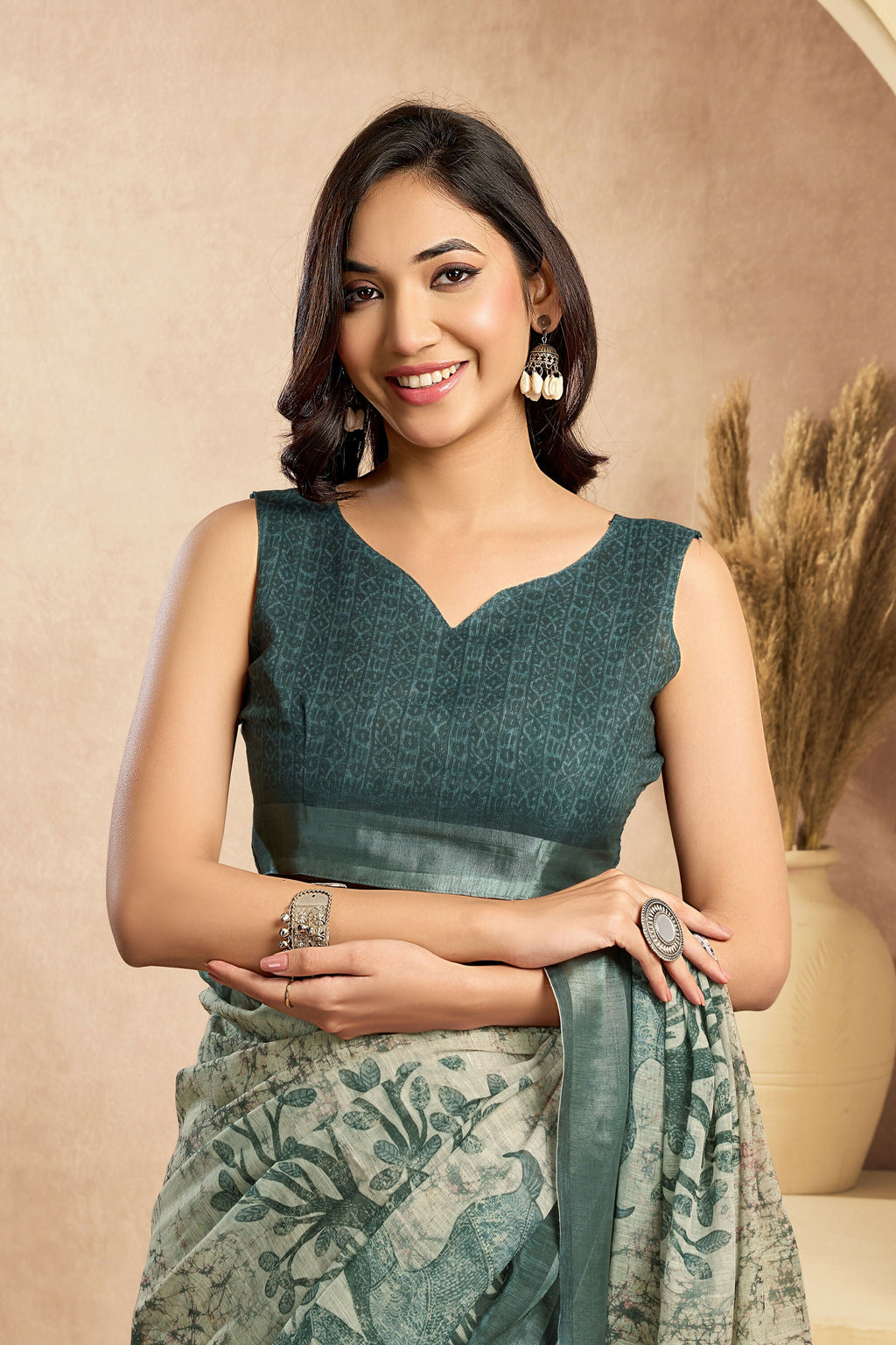 Vastranavya Digital Printed Linen Ready To Wear Designer Saree with Unstitched Blouse