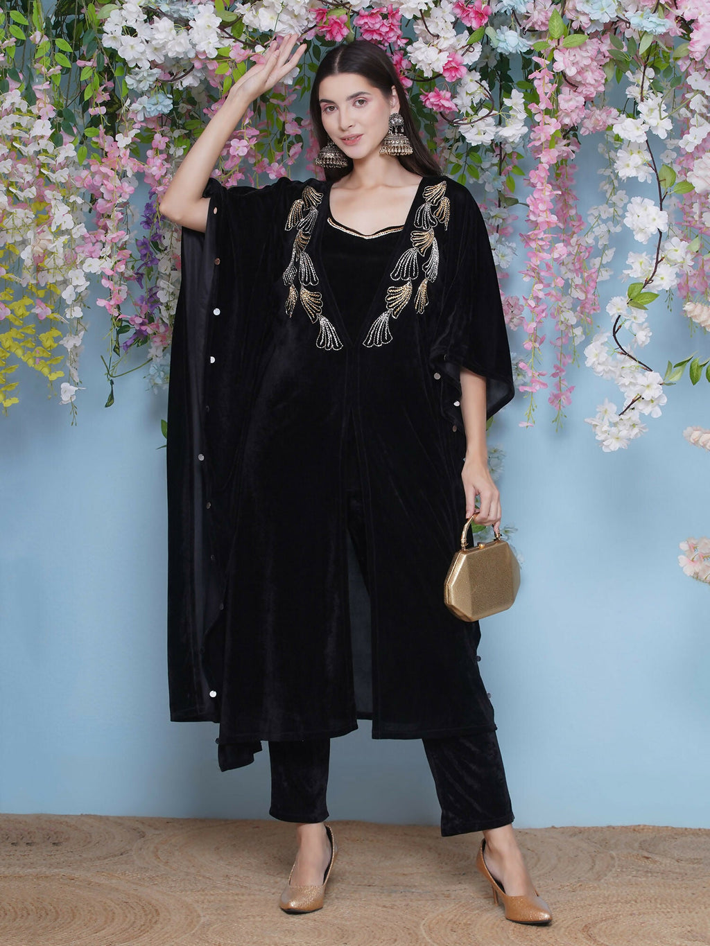 Joban Fashion Black Hand Embellished Kaftaan with ineer and Pant