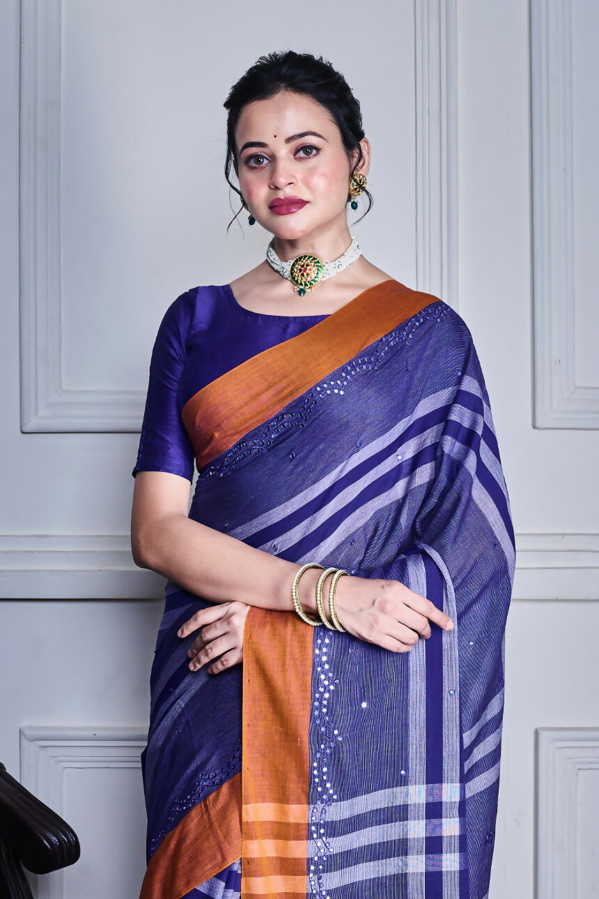 Morchari Sky Blue Cotton Handloom Mirror Work Saree Unstitched Blouse