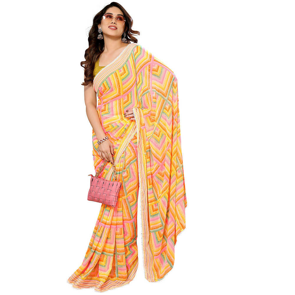 Women's Partywear Designer Yellow Georgette Fancy Saree - Satrangi
