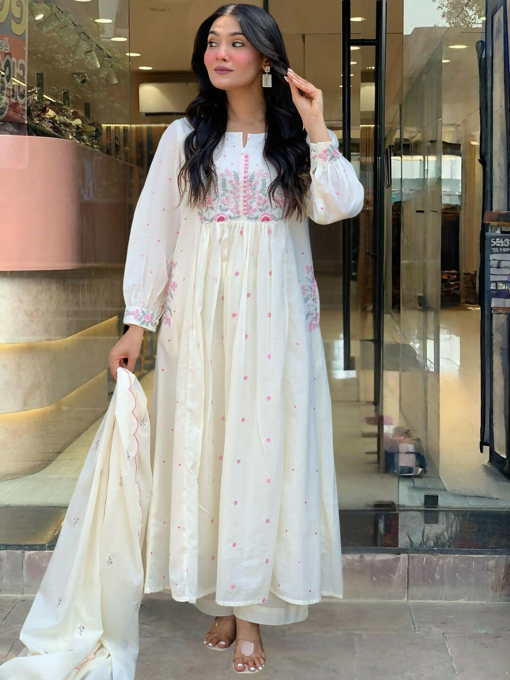 The52 White Women's Beautiful Cotton Fabric Thread Work Straight Kurta Pant and Dupatta Set