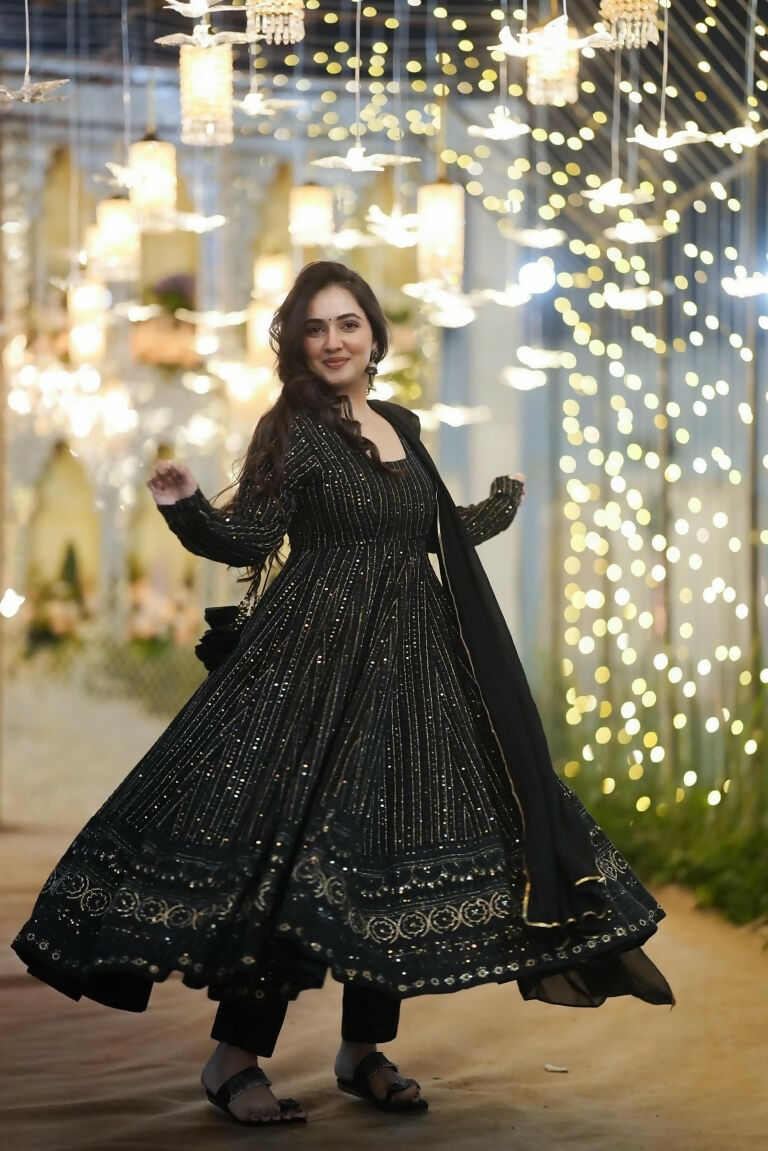 Jyoti Fashion Women's Black Faux Georgette Zari Embroidery with Sequence Anarkali Dress with Dupatta