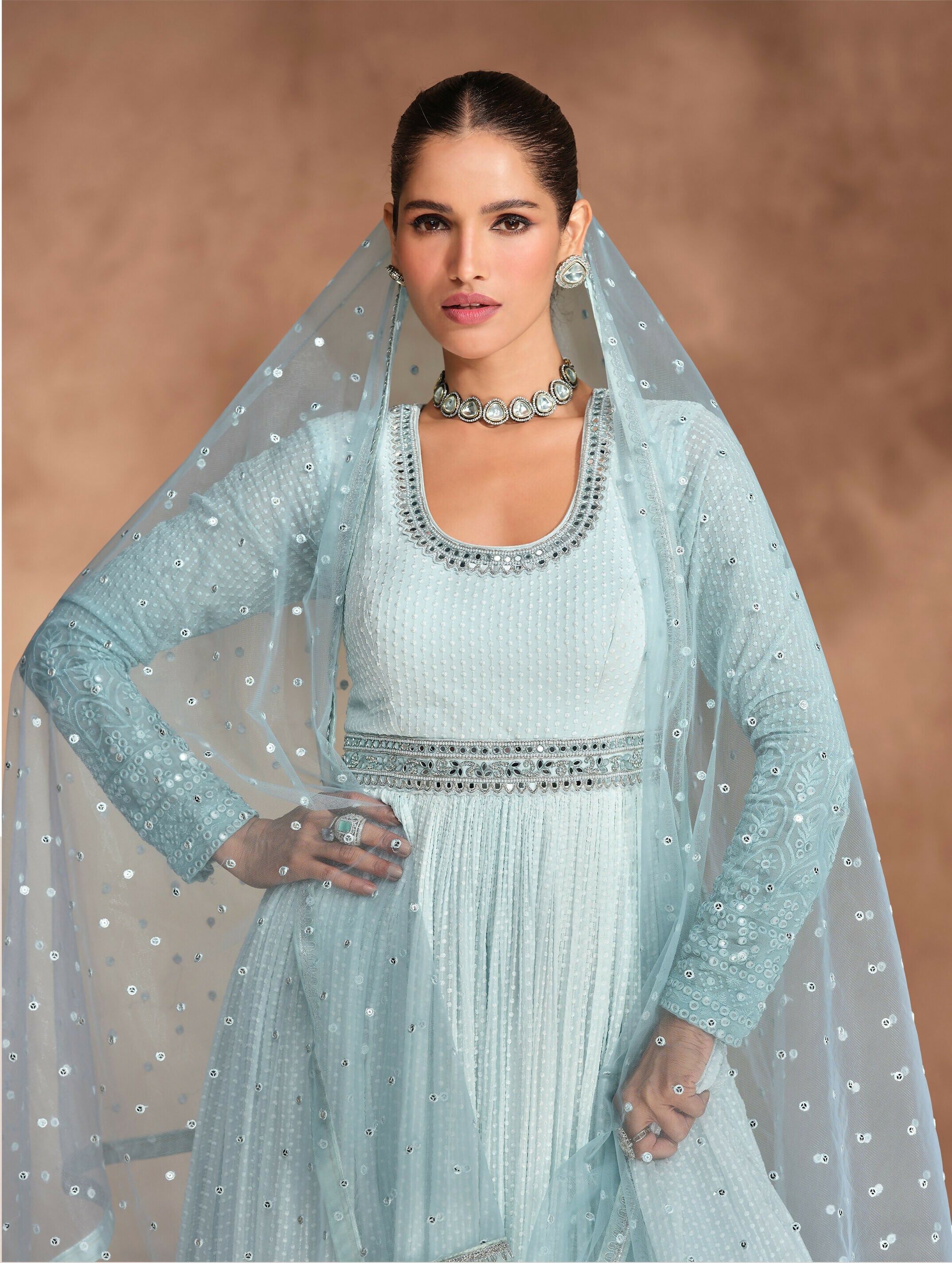 Vastranavya Sky Blue Chikankari Embroidered Sequence Work Abaya Suit