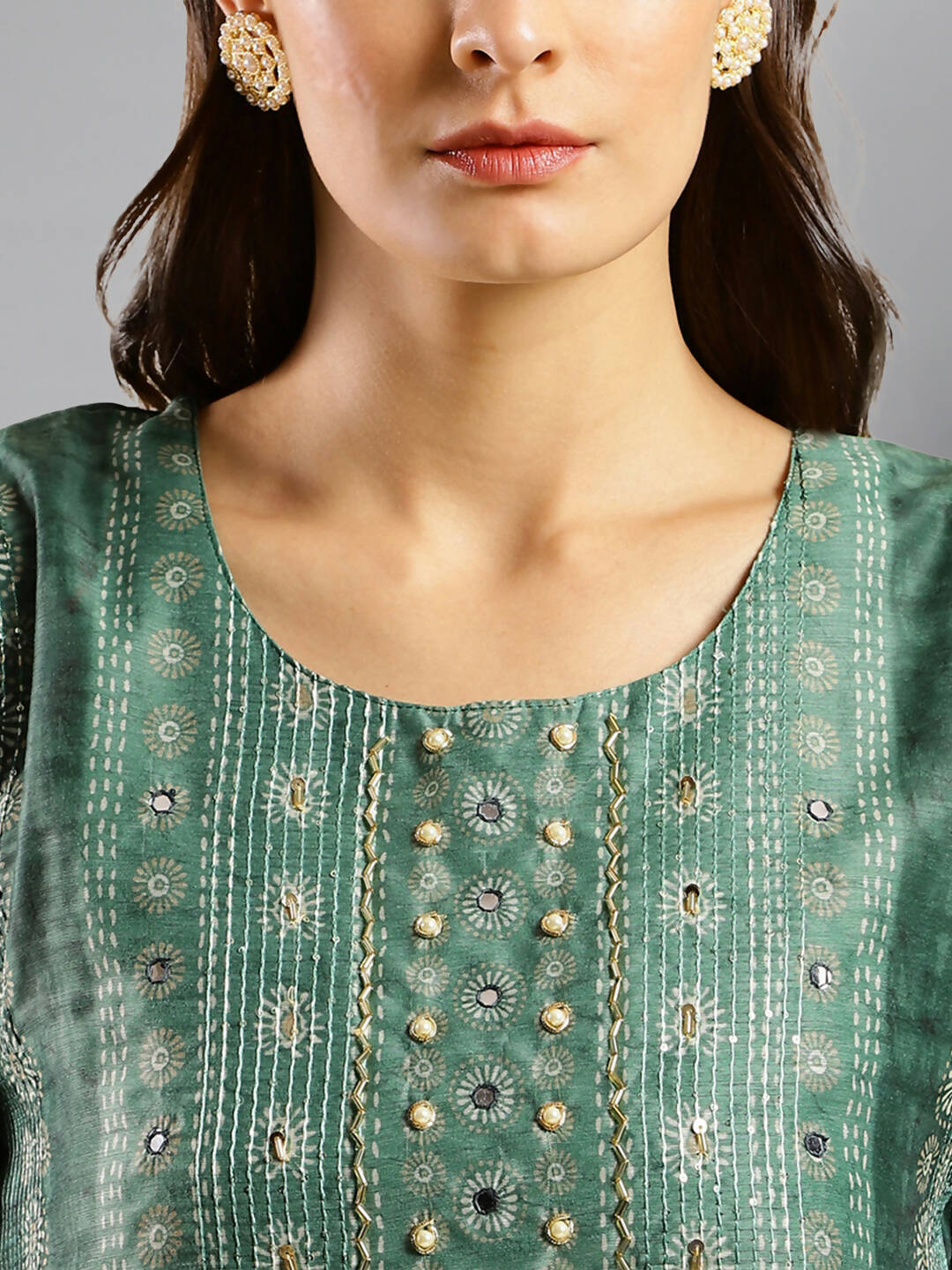 Sea Green Chinon Digital Printed With Hand Work Kurta - Himanshi