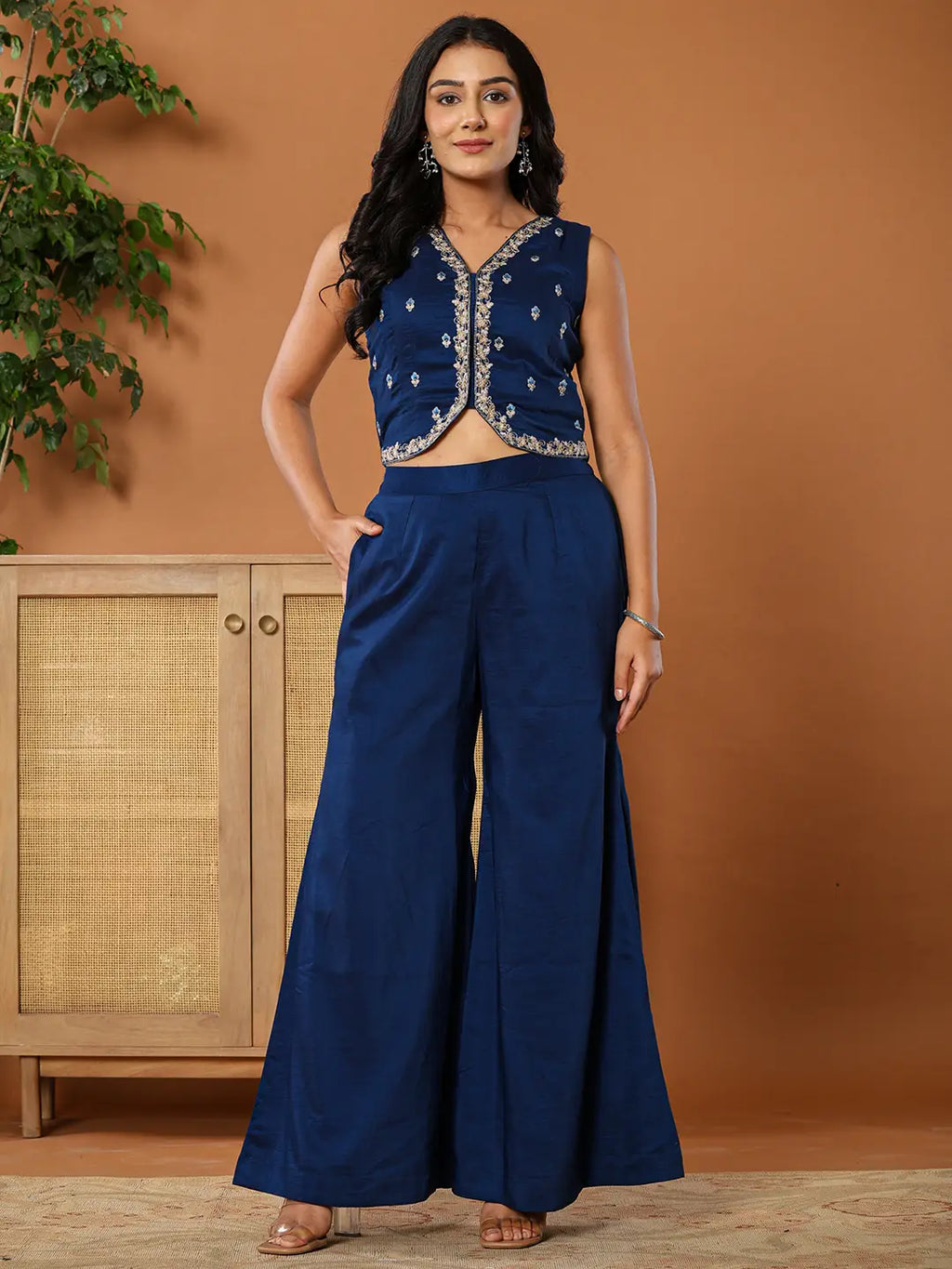 Yufta Embroidered Blue Waistcoat Co - Ord Set With Attached Lining