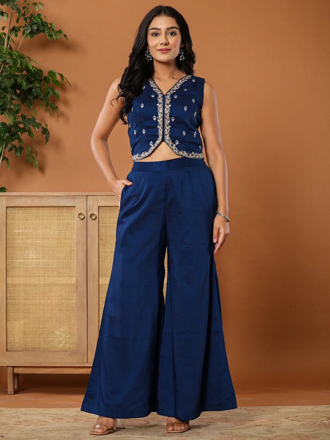 Yufta Embroidered Blue Waistcoat Co - Ord Set With Attached Lining