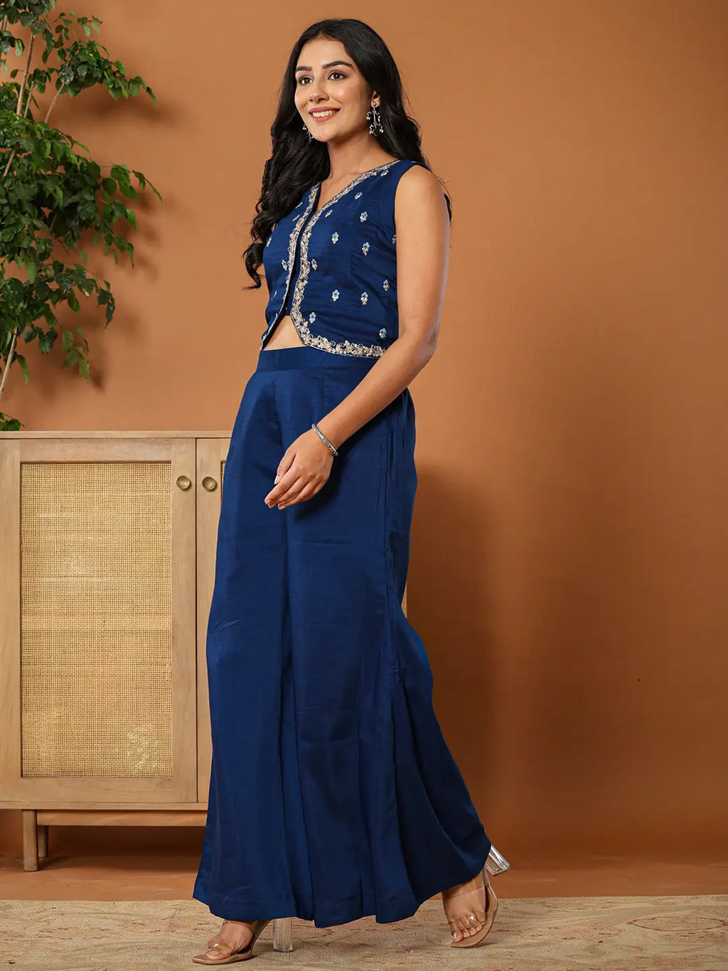 Yufta Embroidered Blue Waistcoat Co - Ord Set With Attached Lining