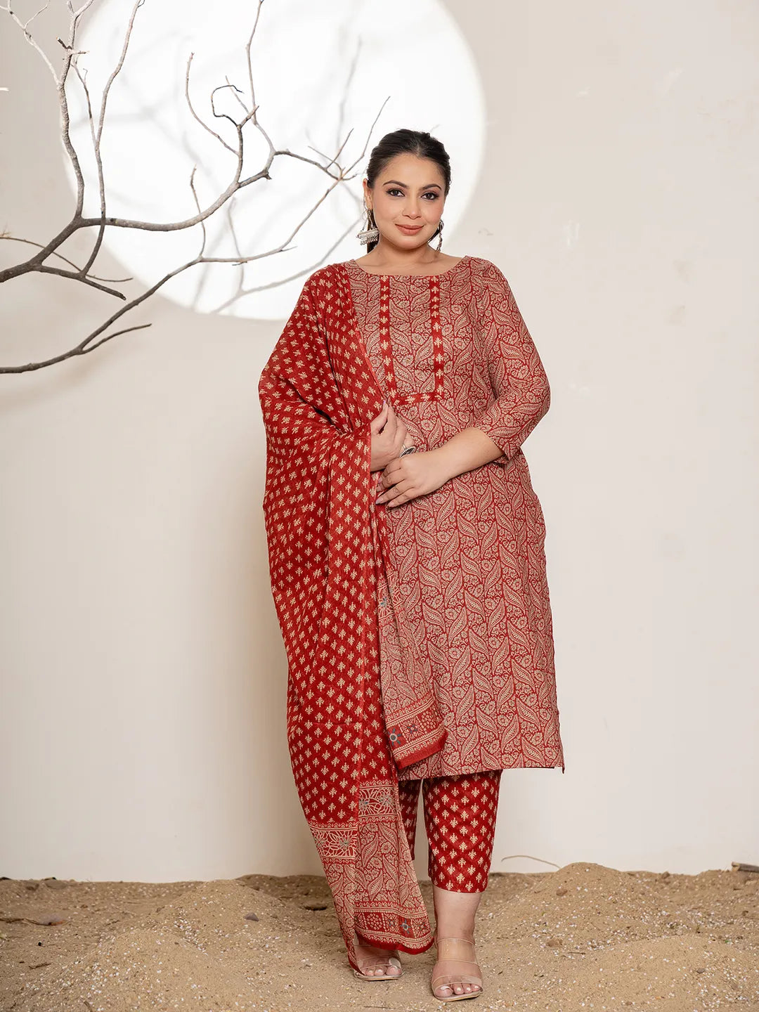 Yufta Maroon Embroidered Cotton Plus Size Kurta Dupatta Set