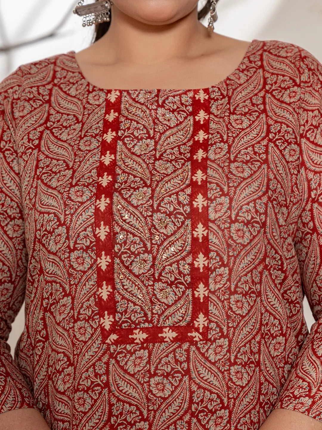 Yufta Maroon Embroidered Cotton Plus Size Kurta Dupatta Set