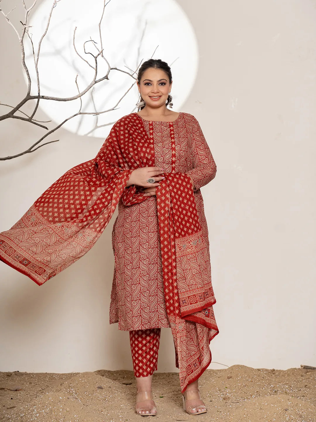 Yufta Maroon Embroidered Cotton Plus Size Kurta Dupatta Set