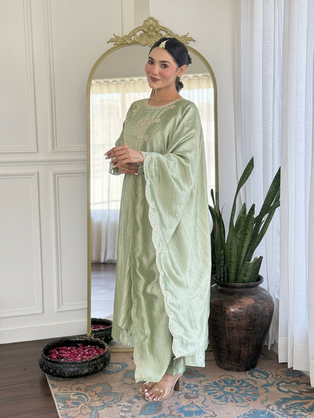 The52 Pista Women's Gorgeous Embroidered Vichitra Silk Fabric Flared Kurta Pant with Dupatta Set