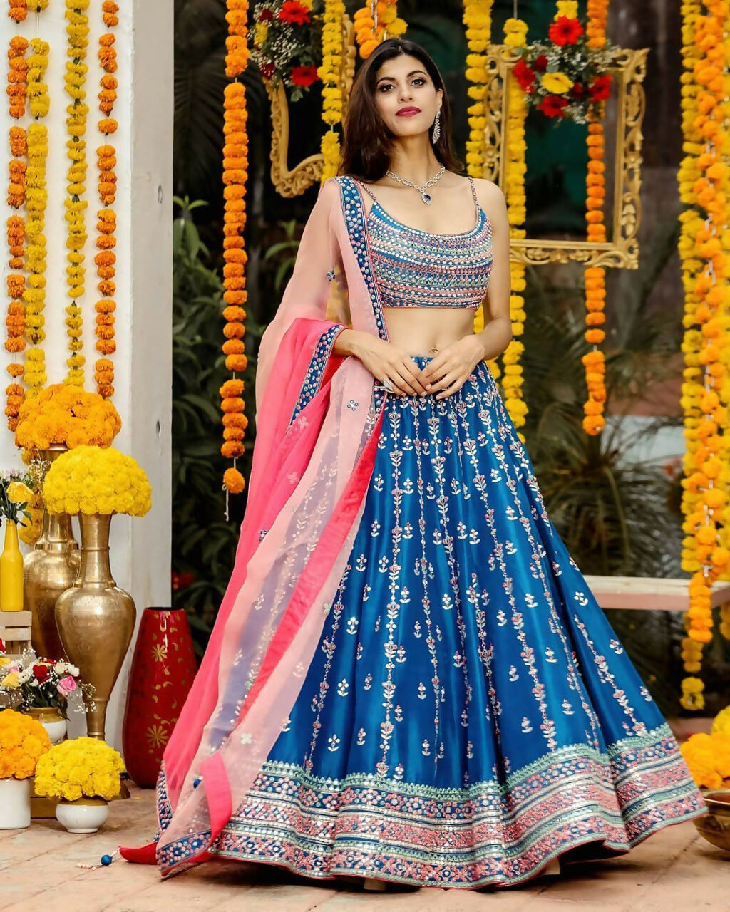 Jyoti Fashion Gorgeous Blue Sequins with Thread & Zari Embroidery Chinon Lehenga Choli with Dupatta