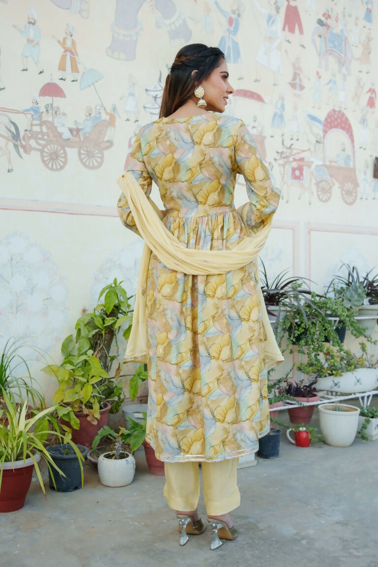 Vaasva Women Yellow Muslin Embroidered Kurta, Pant & Dupatta Set