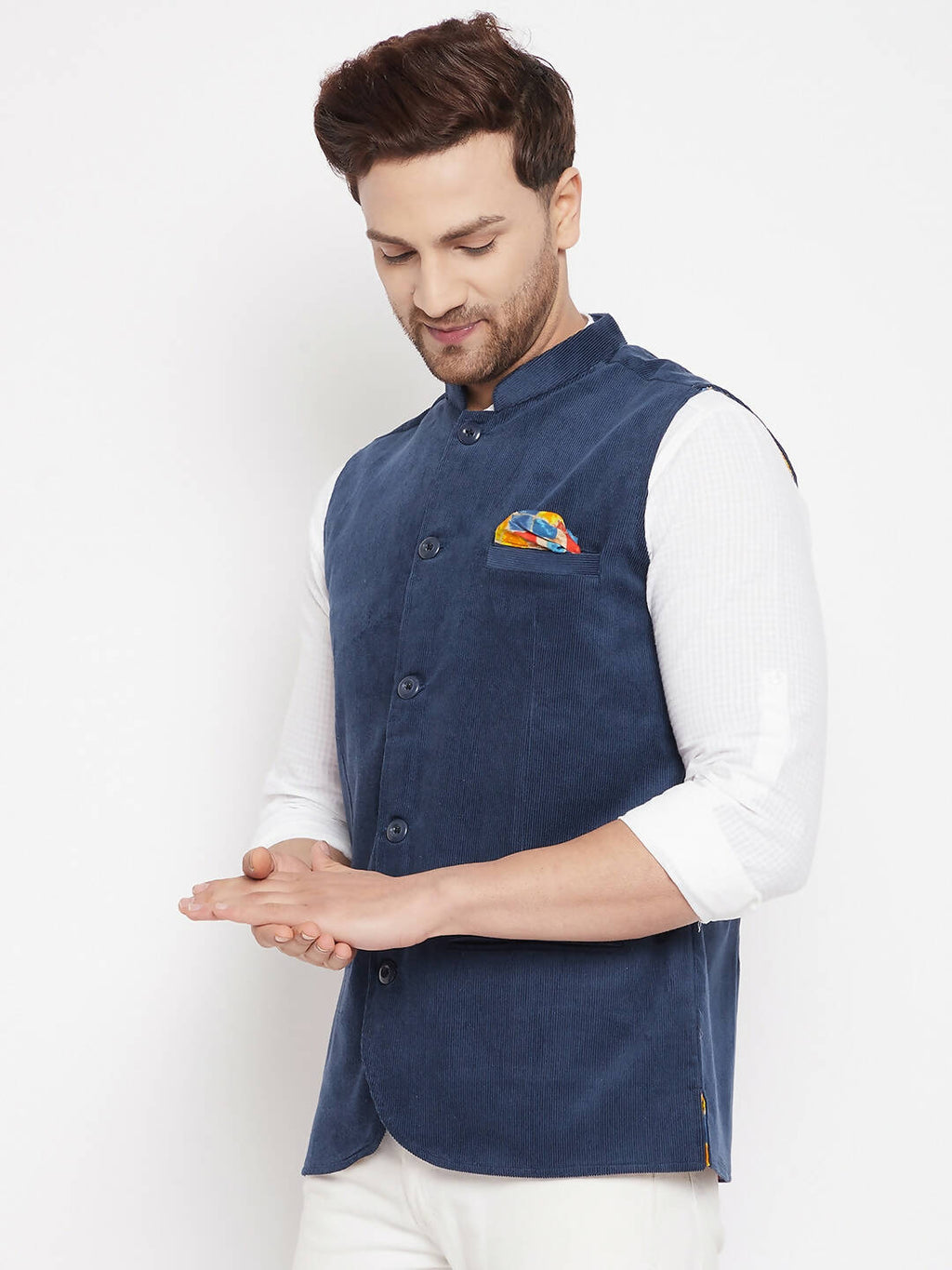Even Apparels Blue Polyester Men's Nehru Jacket-Contrast Lining-Inbuilt Pocket Square
