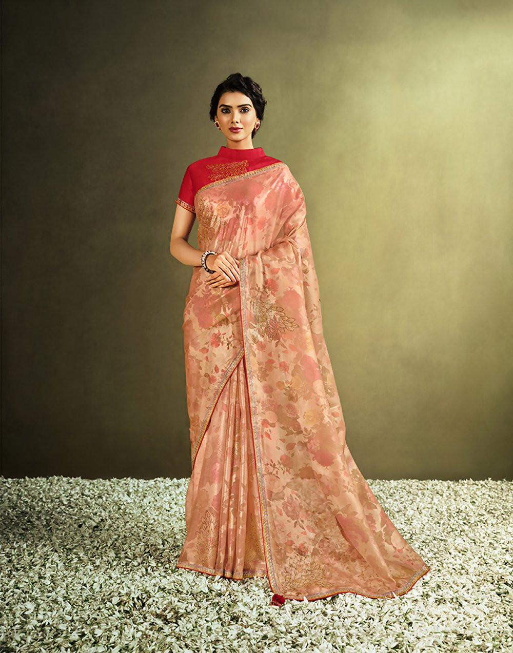 Peach Tissue Digital Printeds Flowers. Stone Embellishments Saree - Norita Hit