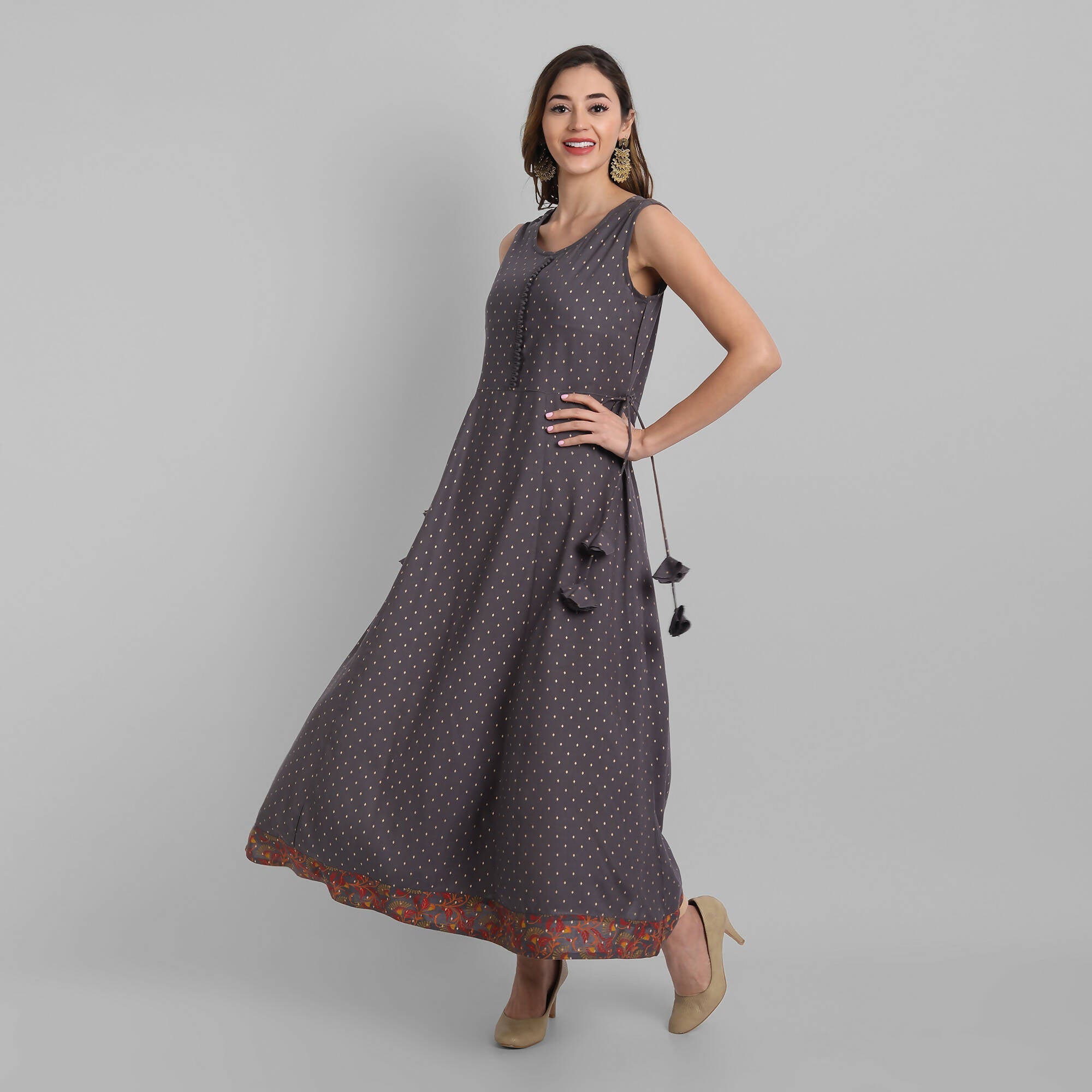 Juniper Women's Grey Rayon Printed Flared Dress