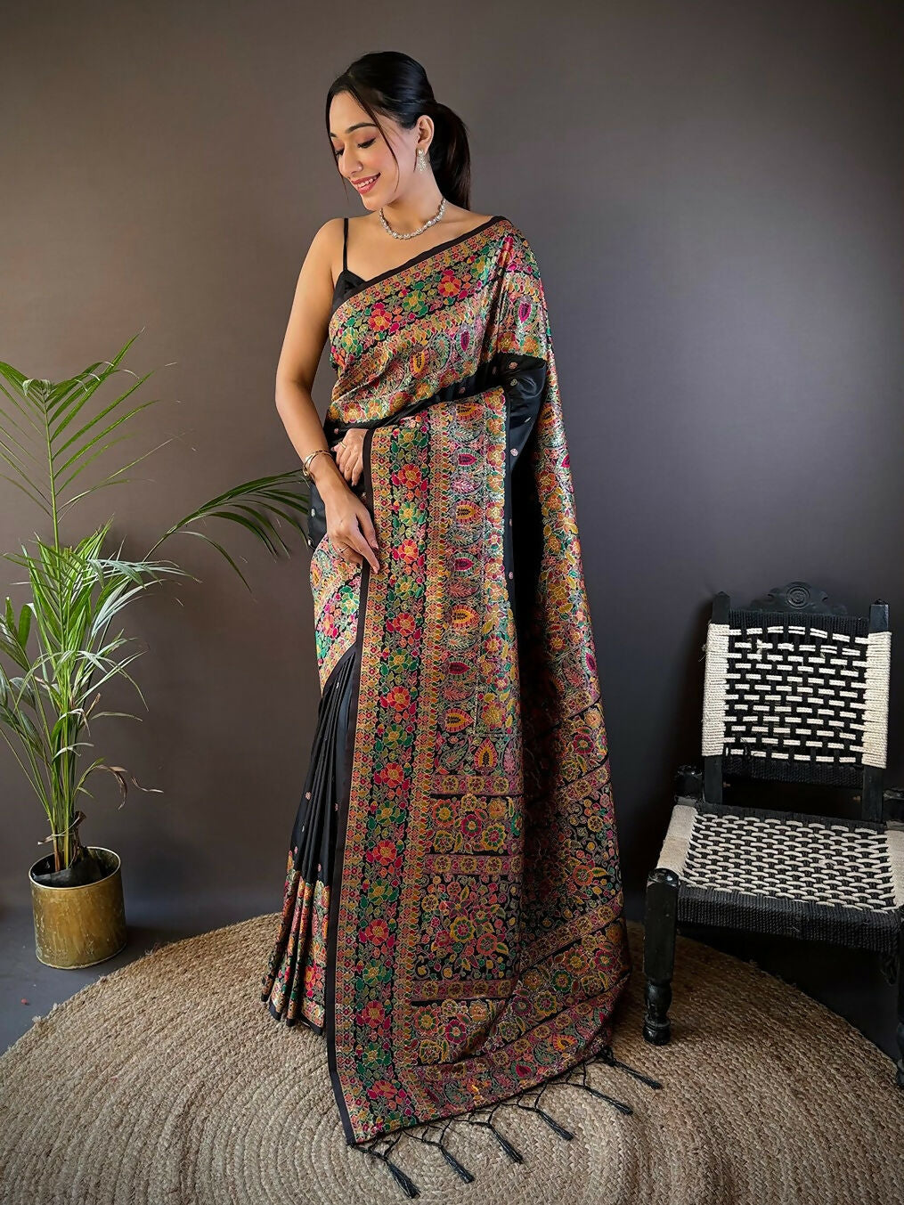 Joban Fashion Black Meena Weaves Pashmina Sarees