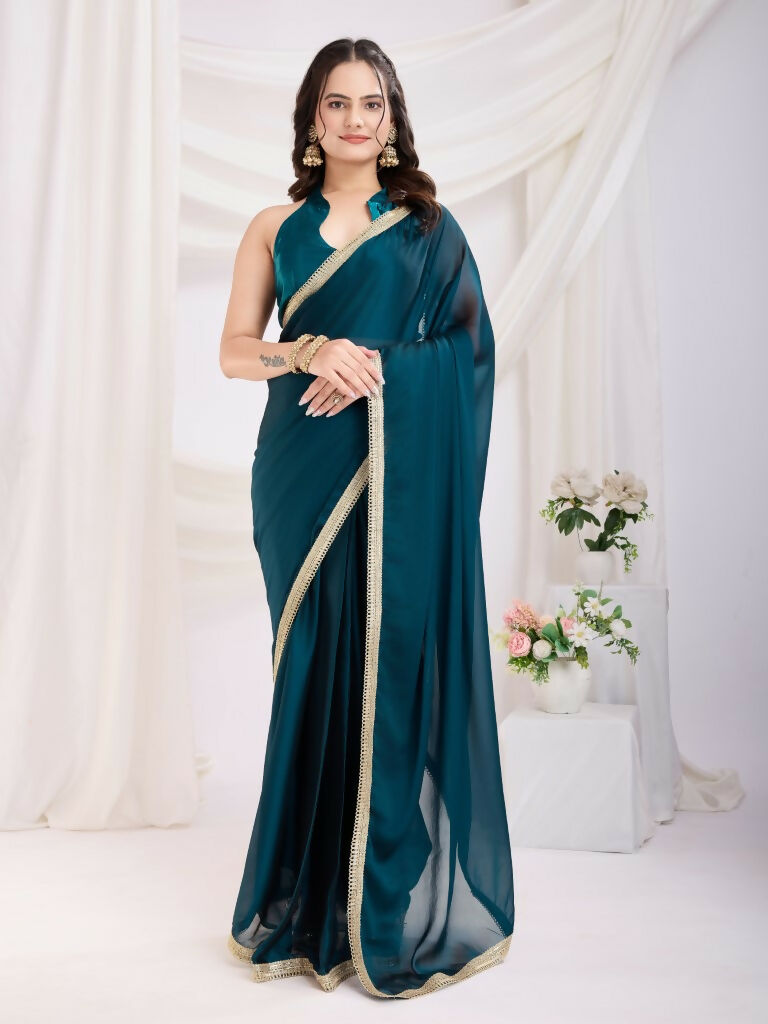 Teal Blue Rangoli Silk Solid, Lace Border Ready To Wear Saree - Kashvi