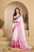 Vastranavya White Digital Printed Linen Ready To Wear Designer Saree with Unstitched Blouse