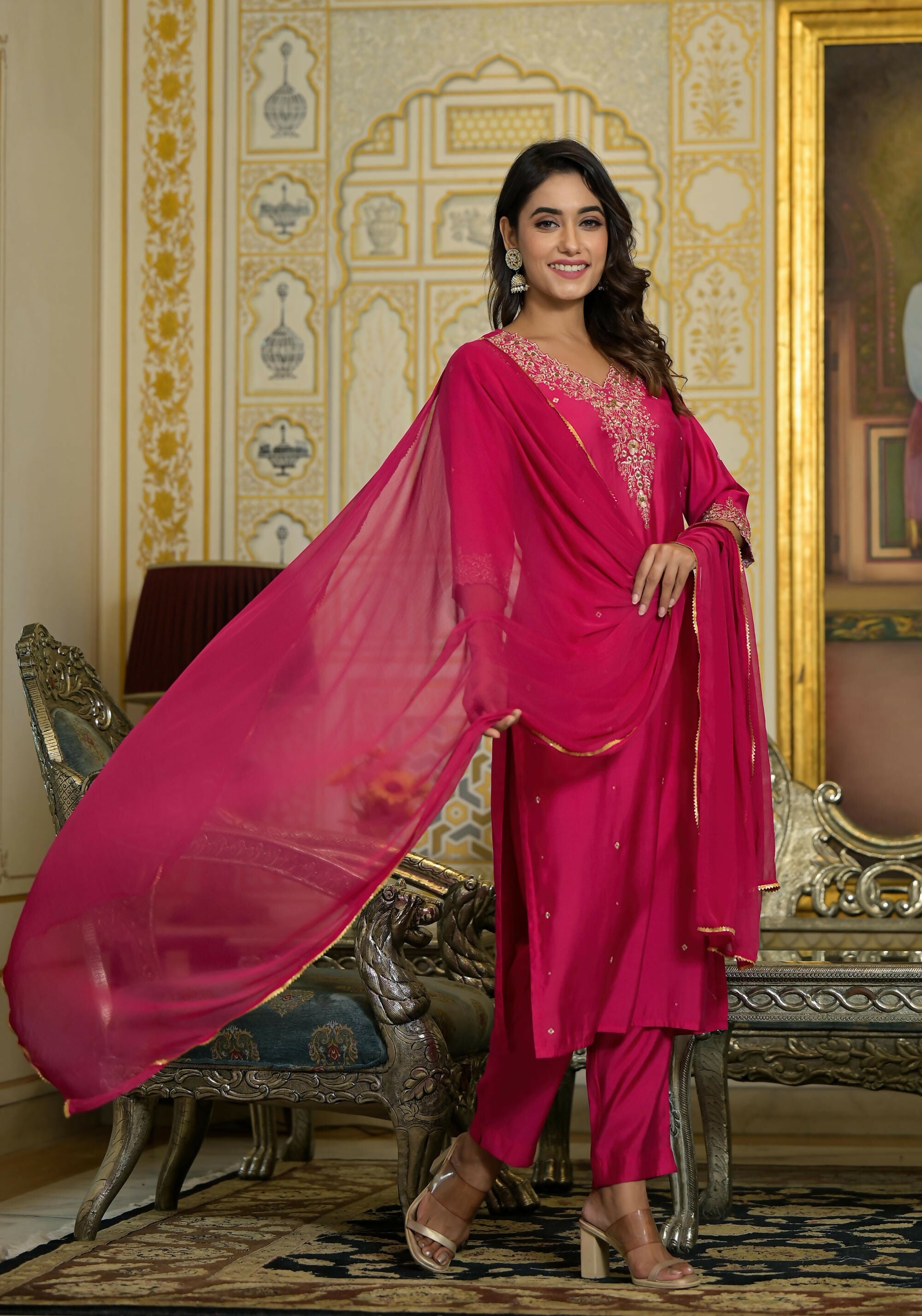 Juniper Women's Fuchsia Zari Embroidered Viscose Kurta Pant And Dupatta Set With Lace
