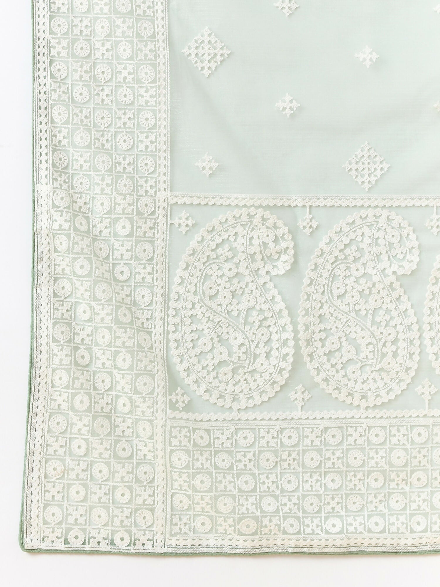 Green Organza Geometric Embroidered Saree with Unstitched Blouse Piece - Roozal