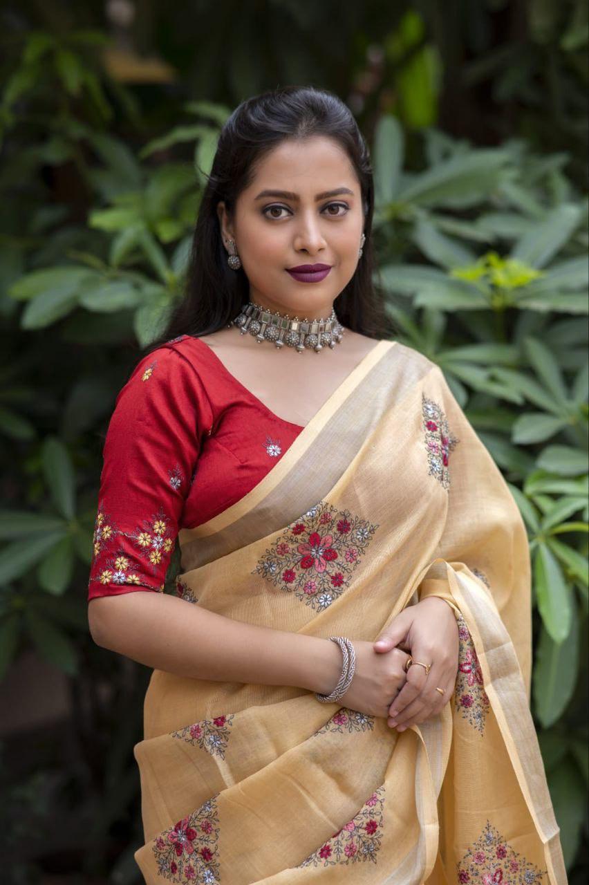 Yellow Pure Linen Ethnic Motifs Saree with Unstitched Blouse - Hiral Fashion