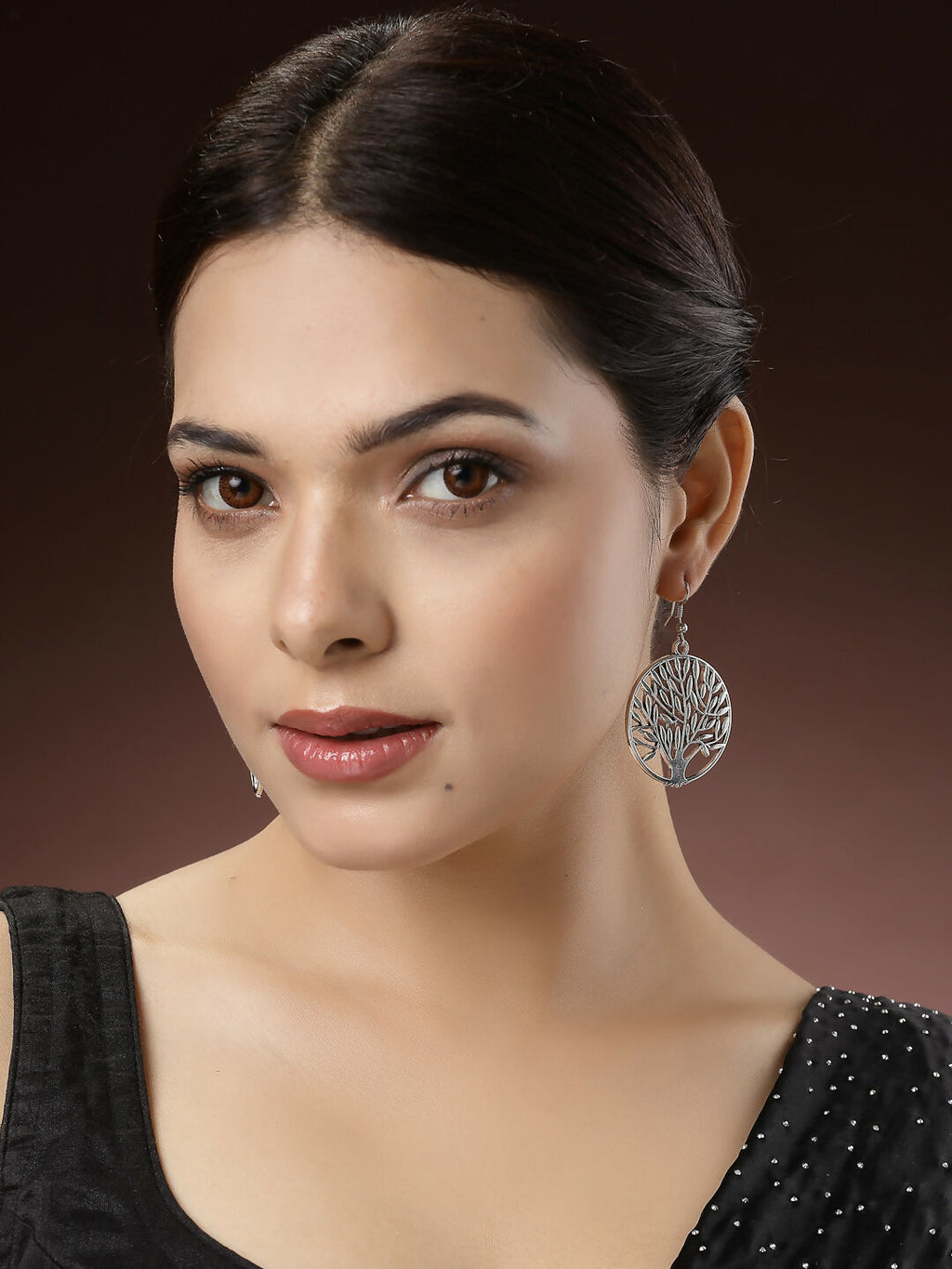 NVR Women's Silver-Toned Circular Shape German Silver Oxidised Drop Earrings