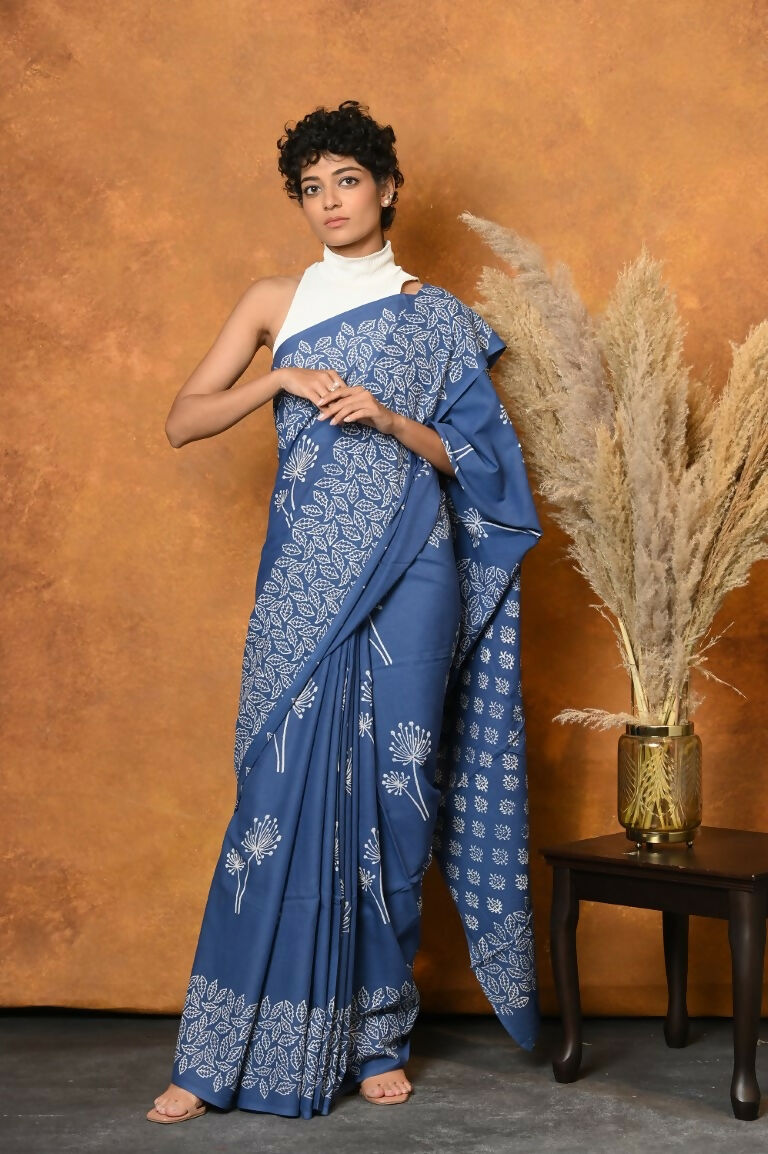 Very Much Indian Handblock Printed Cotton Saree With Natural Dyes - Cyan Blue