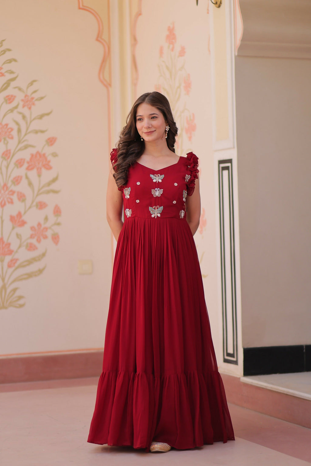 Joban Fashion Maroon Georgette Sequence Embroidery Work Gown
