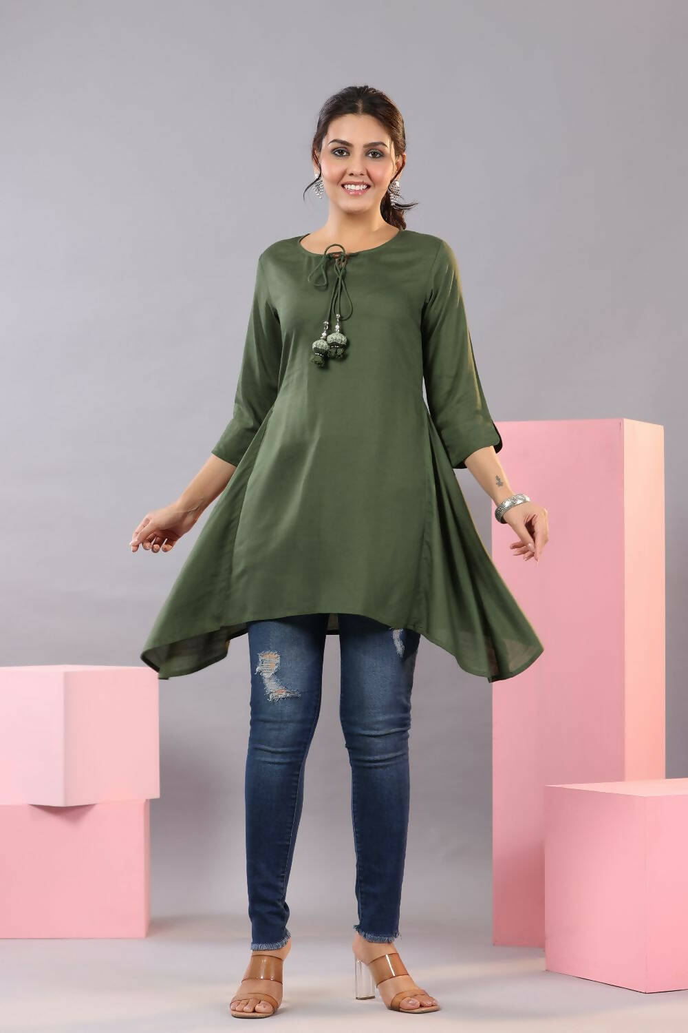 Juniper Women Olive Rayon Solid Asymmetric Kurta