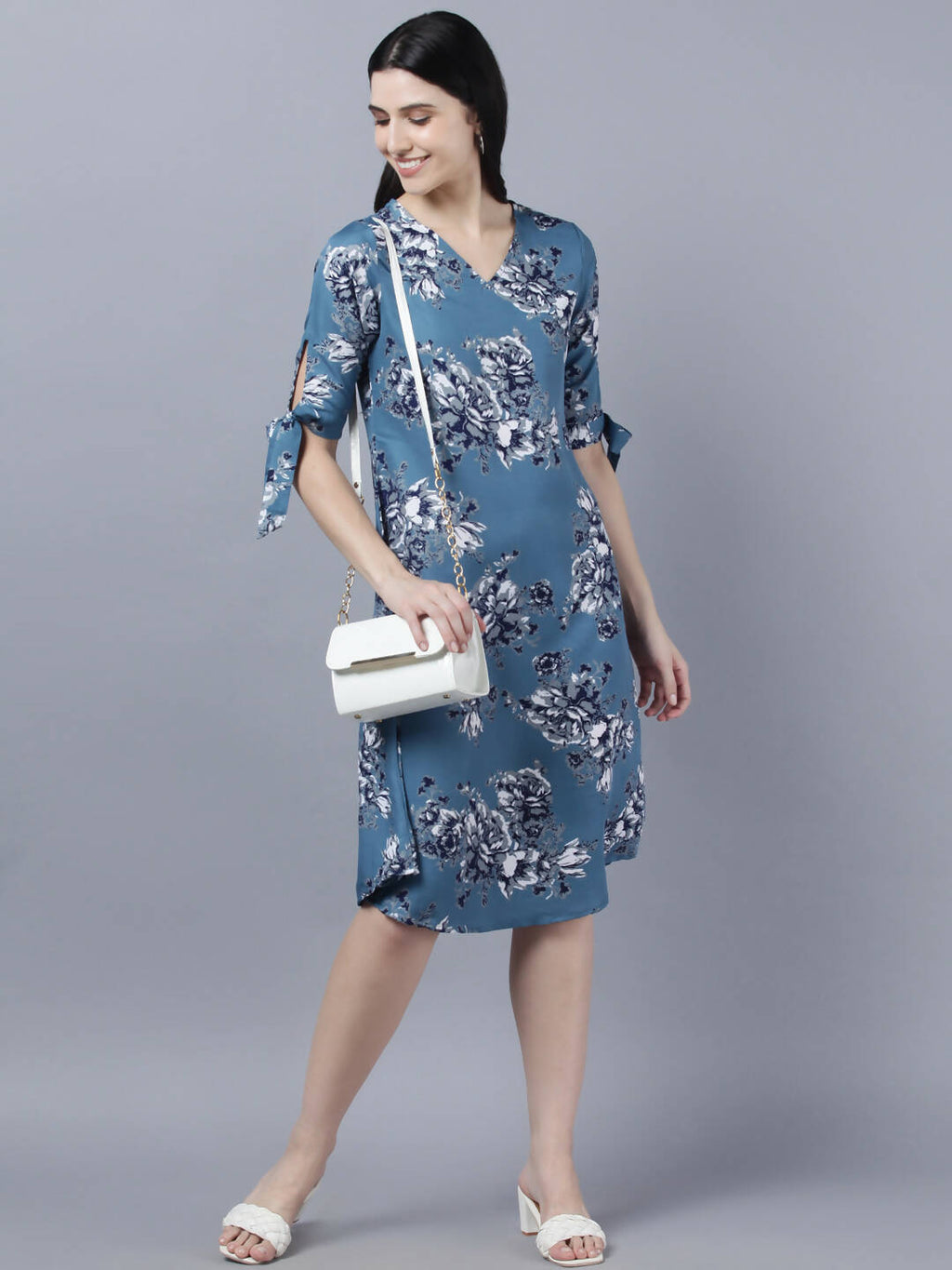 Myshka Women Teal Blue Grey Printed A-line Dress