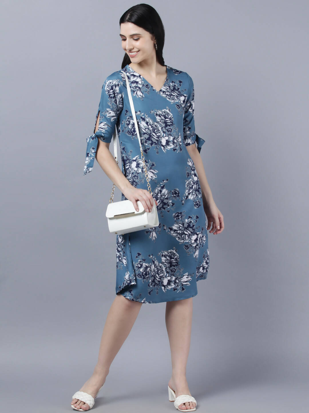 Myshka Women Teal Blue Grey Printed A-line Dress