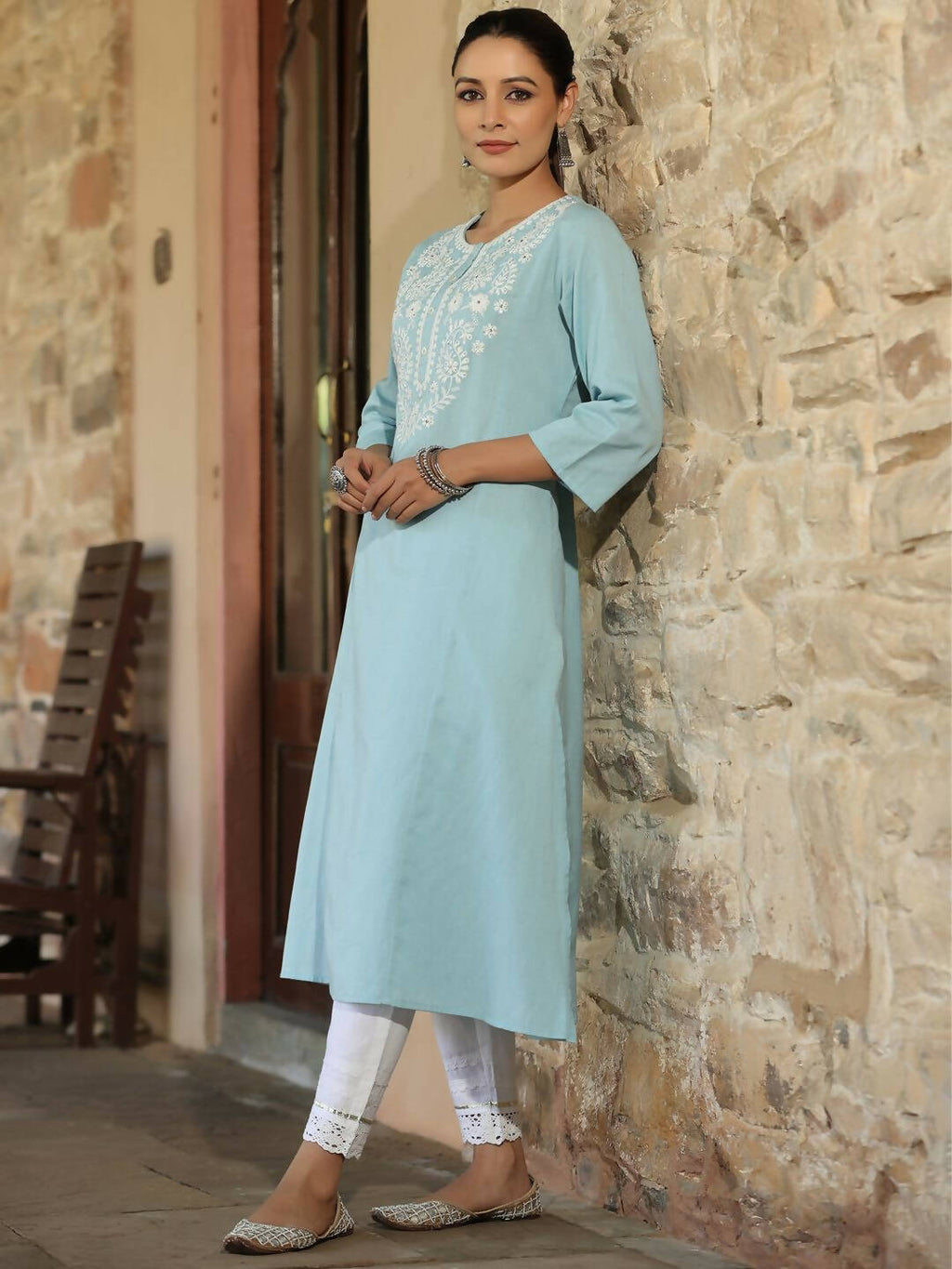 Juniper Women's Blue Cotton Flex Embroidered Straight Kurta