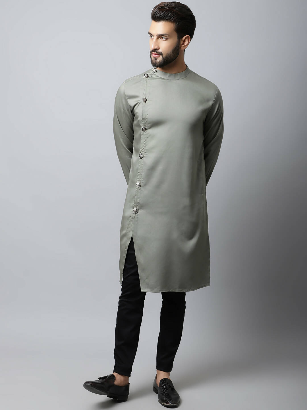 Even Apparels Grey Color Pure Cotton Sherwani Men's Kurta With Asymetrical Cut (SLD1181)