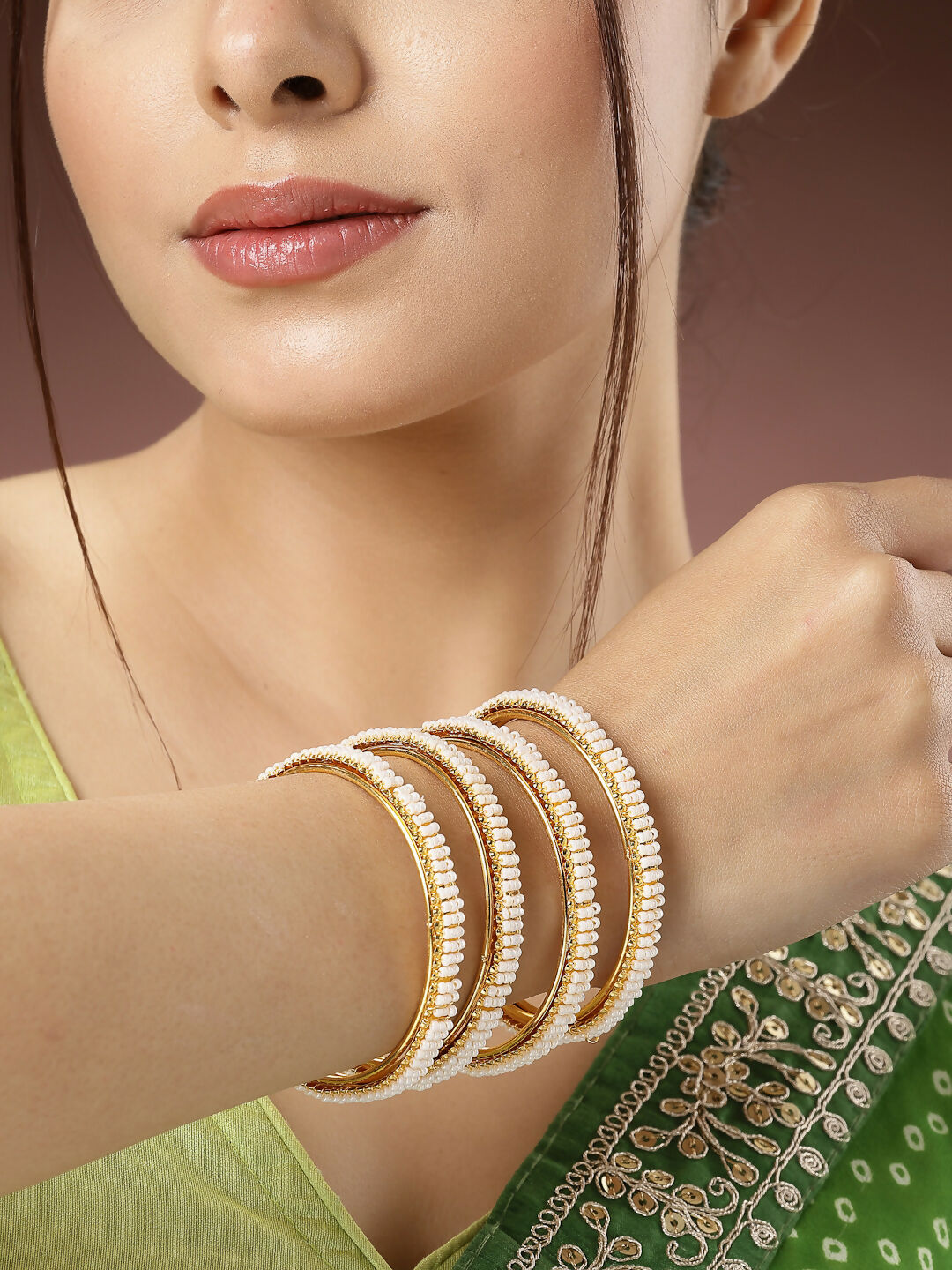 NVR Women's Set of 4 Gold-Polished Pearl Handcrafted Traditional Bangles