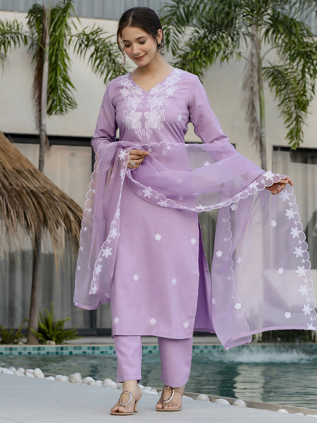 The52 Lavender Women's Beautiful Thread work Rayon Fabric with Straight Kurta, Pant and Dupatta Set
