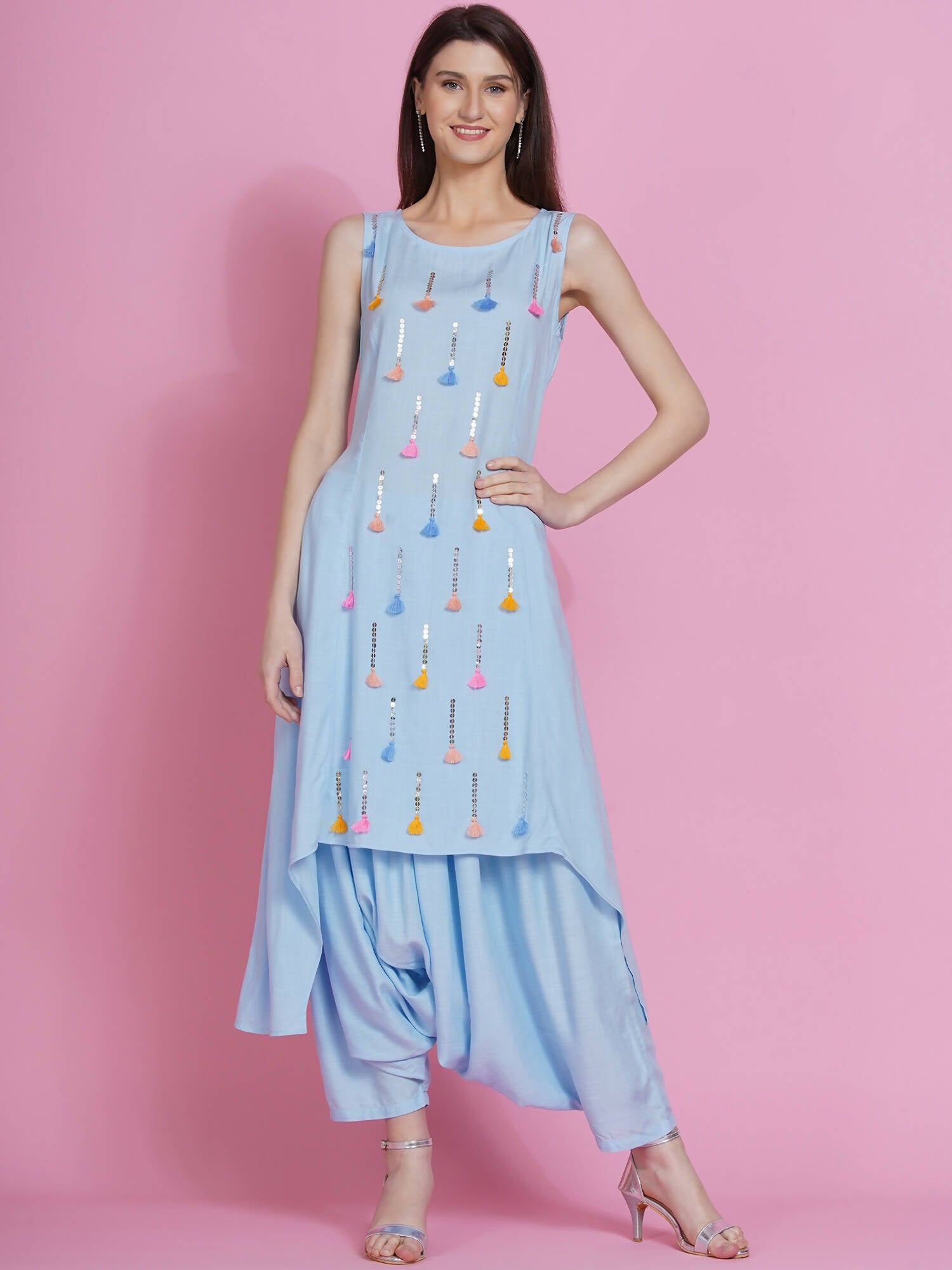 Women Republic Powder Blue Hand Embellished Kurta With Harem Pants
