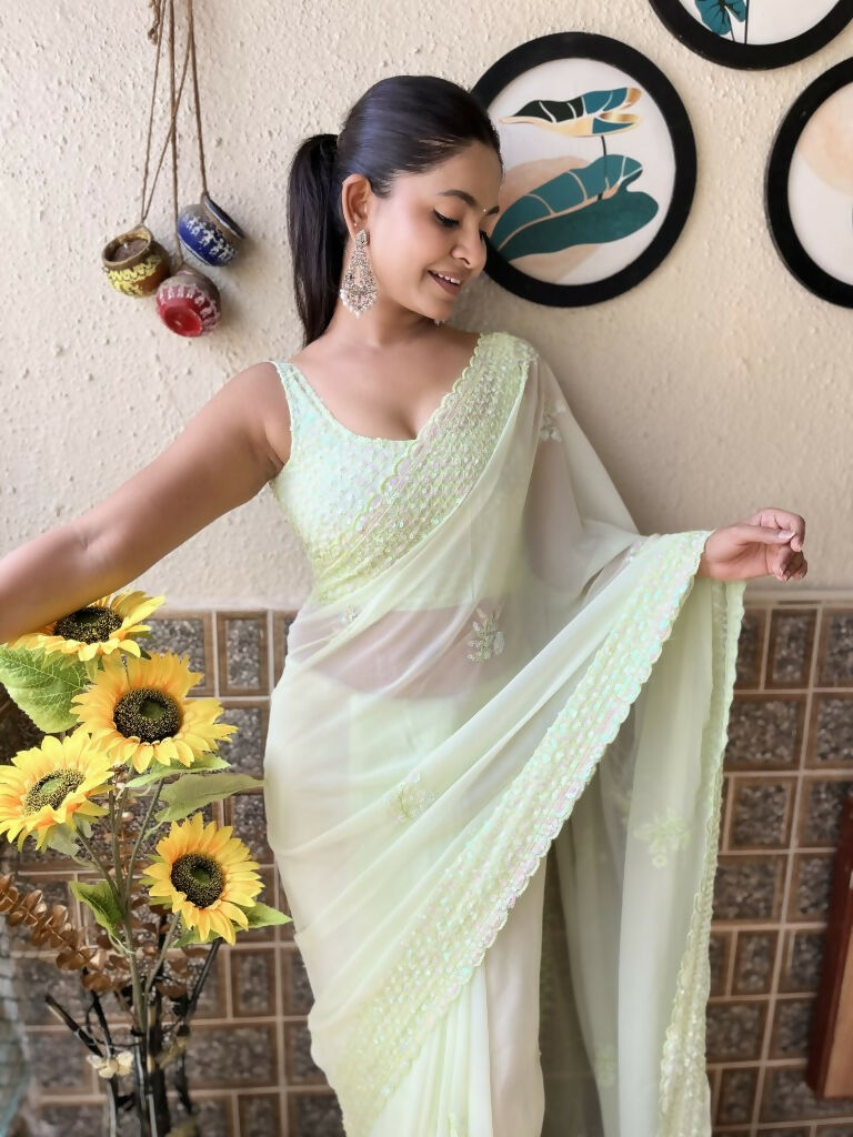 Green Georgette Sequence Embroidery Cut Work Saree - Saadia