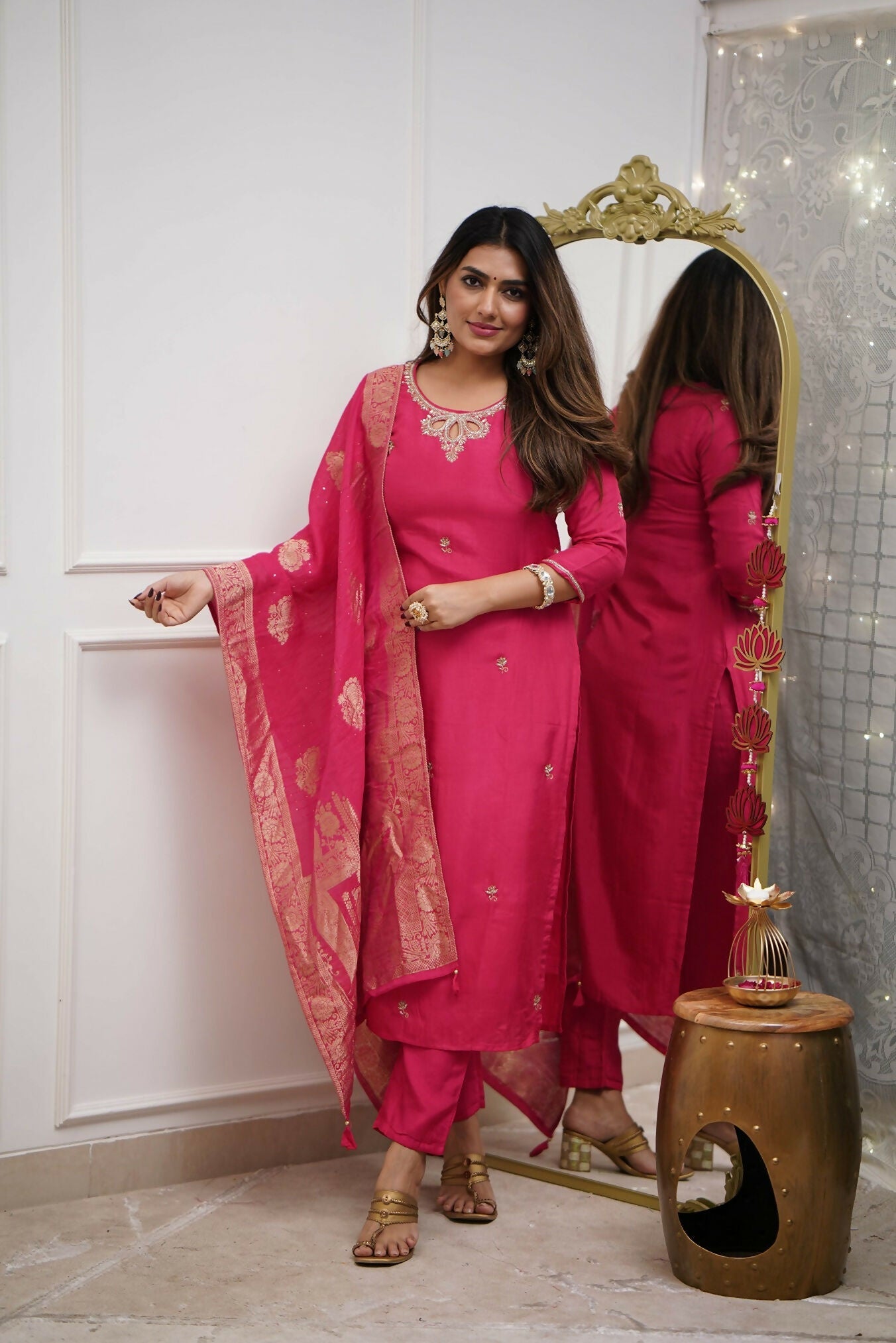 The52 Gajri Women's Gorgeous Embroidered Viscose Chanderi Fabric Straight Kurta Pant with Dupatta Set
